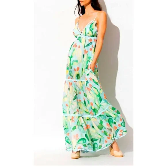 CHARO RUIZ IBIZA Maxi  Dress XS Salamanca Barbary Fruits Blue Green Cotton Resor - Picture 2 of 16